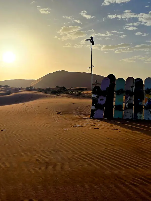 Sandboards standing in the dunes as the sun goes down